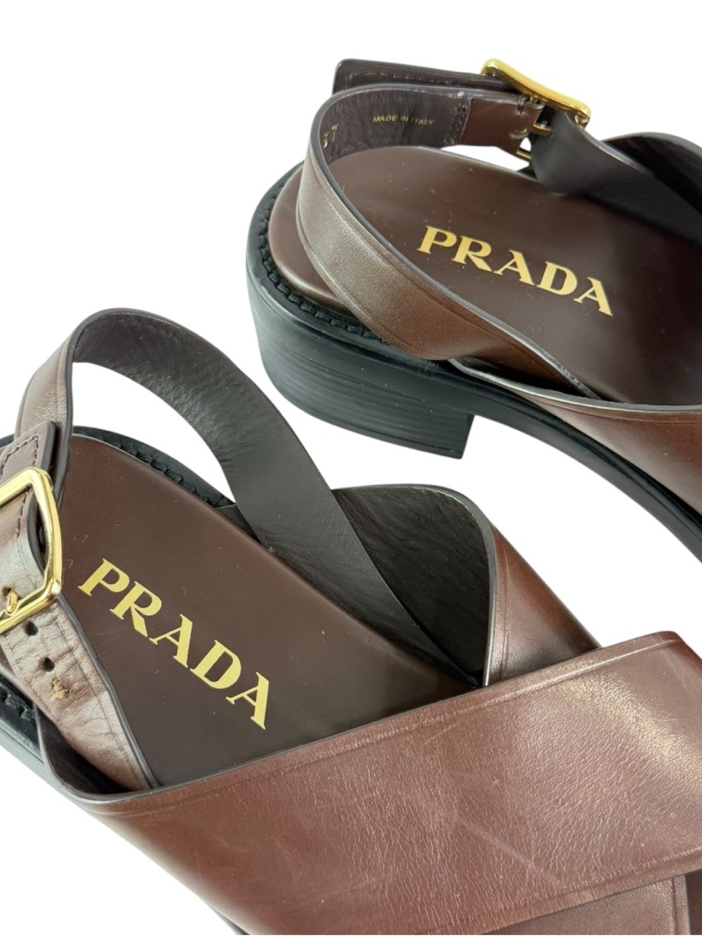 PRADA Brown Sandali Block Crisscross Slingback Sandals 37 - 7 US Made in Italy - Picture 9 of 12